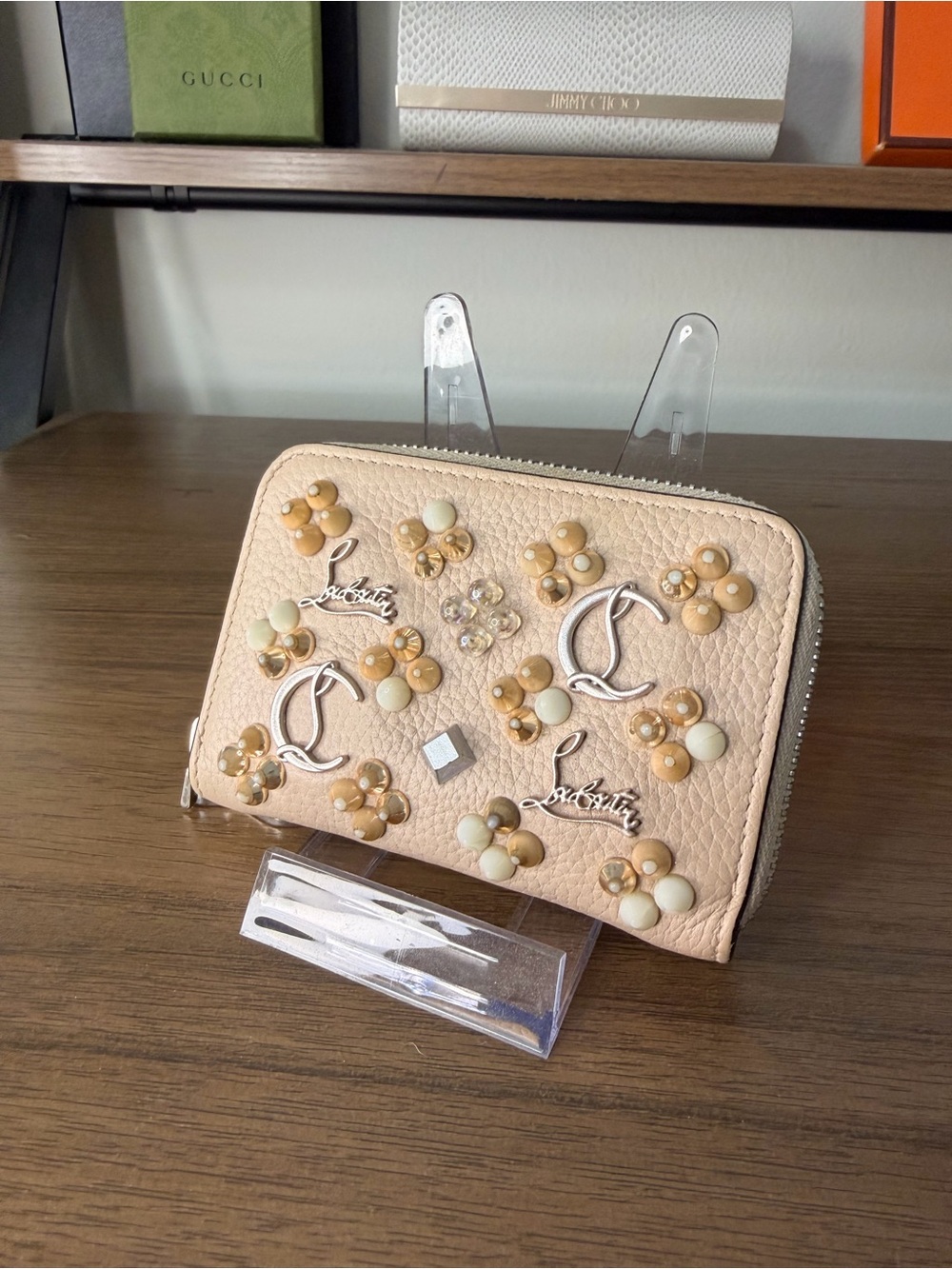 AUTHENTIC - Christian Louboutin Pale Blush Floral Stud Zip Wallet